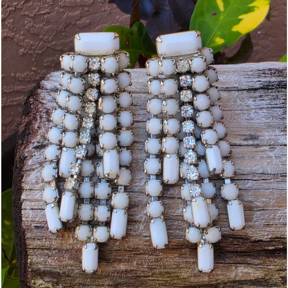 RARE WEISS Vintage 1950s Rhinestone & Milk Glass Waterfall Drop Clip on Earrings
